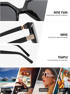 Detailed view of rhinestone hinges and comfortable integrated nose pads on cat-eye sunglasses