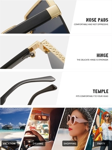 Macro detail of metal nose pads and diamond-patterned hinges on square half-frame sunglasses
