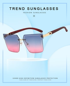 Detail of rimless square sunglasses with gradient blue-pink lenses and gold metal accents