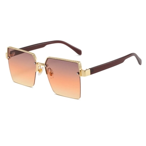 Fashionable half-rim square sunglasses with gold metal frame and gradient brown lenses