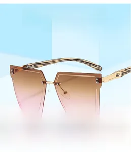 Detail of rimless square sunglasses featuring pink gradient lenses and wood texture temples