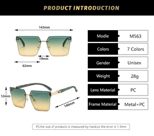 Detail view of square rimless sunglasses with green gradient lenses and wood texture temples