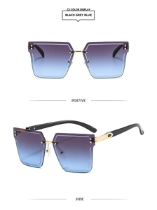 Detail of square rimless sunglasses with blue-purple gradient lenses and gold metal accents