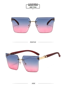 Detail of gradient blue to pink lenses and brown wood texture temples on gold sunglasses