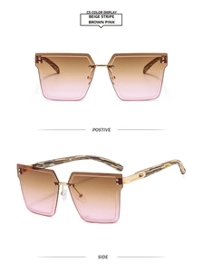 Detail view of square rimless sunglasses with brown pink gradient lenses and beige stripe arm