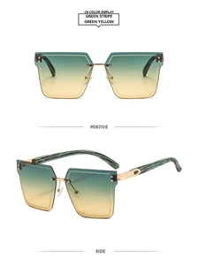 Detail view of square rimless sunglasses with green-yellow gradient lenses and stripe design