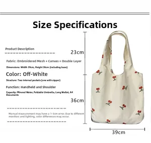 Detail showing dimensions and cherry embroidery on the mesh canvas tote bag