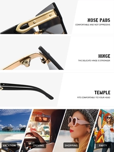 Detail of luxury rimless sunglasses with metal nose pads and wide black temples