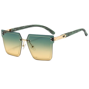 Frameless square sunglasses with green-yellow gradient lenses and wood grain temples