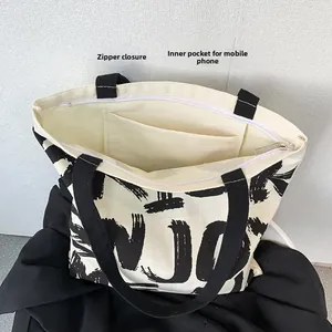 Detail view of canvas tote bag featuring secure zipper closure and internal phone pocket