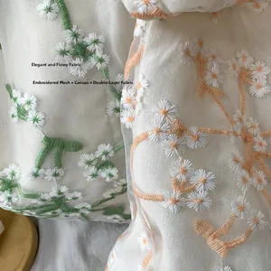 Detail showing white daisy embroidery on mesh layered over canvas fabric for shoulder bag