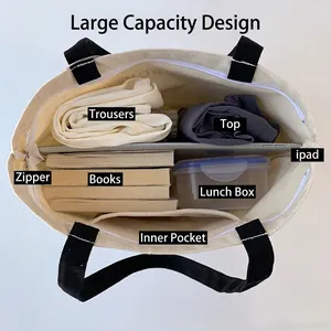 Large minimalist canvas tote bag with zipper and inner pocket showing high capacity