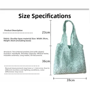 Detailed view of daisy embroidery canvas tote bag showing 39x36cm size and inner pockets