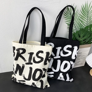 Women Canvas Tote Bag Large Capacity Letter Print Simple Casual Shopping Shoulder Handbag With Zipper