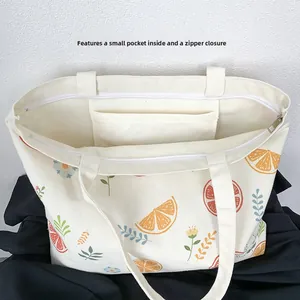 Detail of canvas tote bag featuring secure zipper closure and internal storage pocket