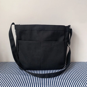 Detailed view of black canvas crossbody bag featuring functional double front pockets