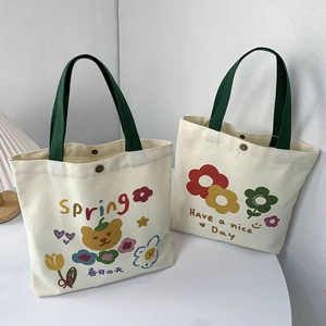 Graziosa Borsa Tote In Tela Cartone Animato Stampa Orso Fiori Stile Coreano Borsa A Mano Casual Per Donna