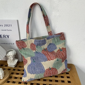 Vintage pumpkin jacquard tote bag with embroidered vegetable patterns for women