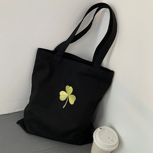 Women Canvas Tote Bag Clover Embroidery Large Capacity Shoulder Handbag Zipper Casual School Shopping Bag