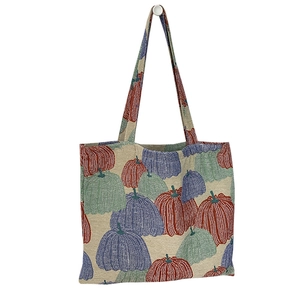 Vintage tote bag with colorful pumpkin jacquard embroidery on cream woven fabric