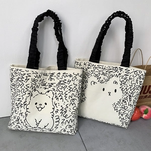 Cute Cartoon Cat Dog Print Canvas Tote Bag With Black Ruffled Strap Zipper Large Capacity Casual Shoulder Bag