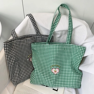 Sac Cabas En Toile Vichy À Broderie Cerise Et Coeur Grande Capacité Sac À Épaule Décontracté Pour Femmes Étudiantes