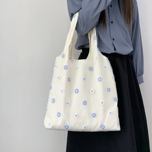 Sac Fourre-Tout En Toile Avec Maille Organza Brodé Fleurs 3D Dentelle Style Littéraire Sac À Main Épaule Été Pour Femmes