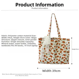 Floral canvas tote bag details showing fruit patterns and lace bow with dimensions