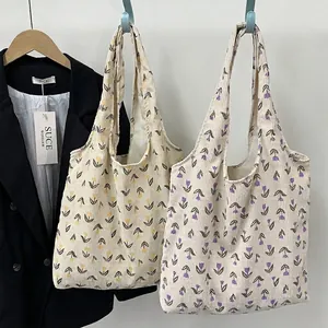 Floral Corduroy Tote Bag Large Capacity Tulip Print Shoulder Handbag Casual Artistic School For Women