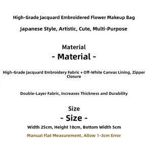 Detailed view of jacquard floral makeup bag materials and dimensions illustration