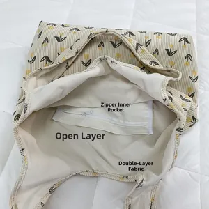 Detailed interior of corduroy tote bag showing zipper pocket and dual compartments