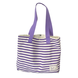Large capacity canvas tote bag with purple and white stripes and cute cartoon patch