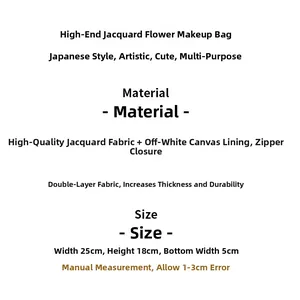 Detail view of jacquard floral cosmetic bag with thick double-layer canvas material info