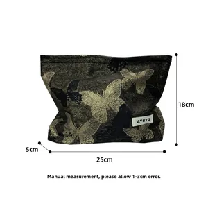 Detailed view of golden butterfly cosmetic bag showing dimensions 25cm x 18cm x 5cm