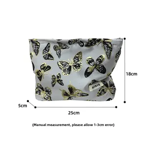 Macro shot showing dimensions 25cm x 18cm x 5cm of a butterfly pattern storage bag