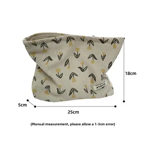 Detailed size view of floral corduroy makeup bag measuring 25cm in length and 18cm in height