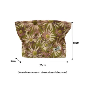 Detailed dimensions of floral makeup bag featuring 25x18x5cm size with daisy prints