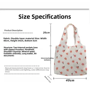 Detail view of the floral tote bag's double-layer fabric and internal dual pockets