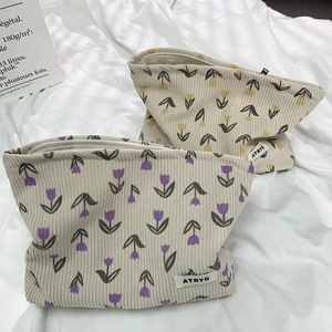 Corduroy Tulip Floral Makeup Bag Portable Cosmetic Pouch Zipper Travel Toiletry Storage Organizer For Women Fresh Style