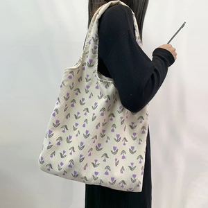 Corduroy tote bag in cream with purple tulip print for women's casual shoulder wear
