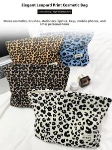 Detailed view of canvas leopard print makeup bag with durable metal zipper and cotton lining