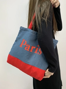 Large capacity red and blue canvas tote bag with Paris print and wide shoulder straps