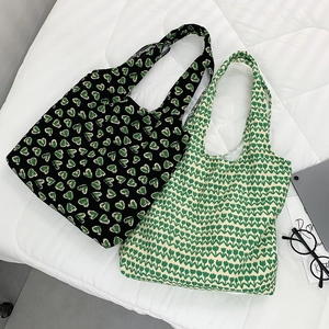 Large Capacity Corduroy Canvas Shoulder Bag Floral Tulip Heart Print Artistic Casual Tote For Women