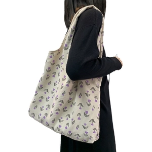 Corduroy tote bag with purple tulip prints, spacious cream shoulder bag for daily commute