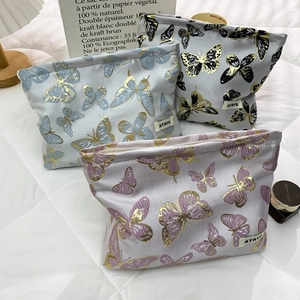 Butterfly Embroidery Makeup Bag Portable Toiletry Organizer Travel Skincare Pouch Gold Foil Texture Canvas Lining Clutch Women