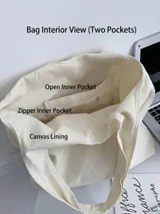 Vue intérieure du sac en toile avec poche ouverte et compartiment zippé fonctionnel