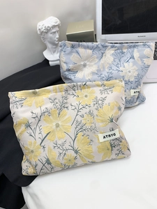 Jacquard floral cosmetic bags with sunflower patterns in blue and beige color options