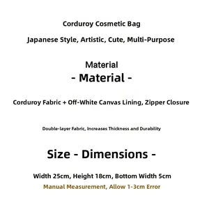 Detail view of corduroy cosmetic bag with canvas lining, zipper closure and 25x18x5cm size