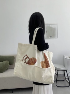Women Large Capacity Canvas Tote Bag With Bread Print Multi Pockets Shoulder Handbag Casual Versatile Beige