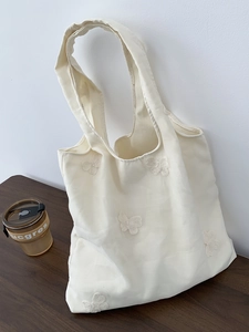 Grand Sac Fourre-Tout En Toile Pour Femmes Avec Broderie Papillon Dentelle Sac À Épaule Esthétique Décontracté
